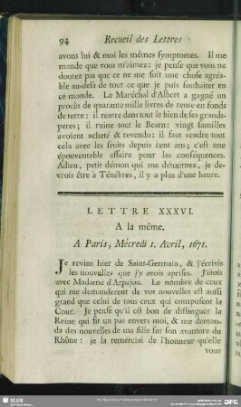Lettre XXXVI. A la même. A Paris,Mécredi 1. Avril, 1671