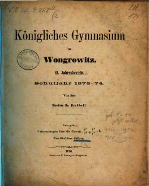 Jahresbericht des Königl. Gymnasiums zu Wongrowitz : Ostern ..., 1873/74 = Jahresb. 2