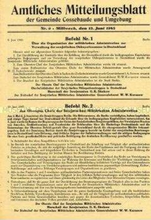 Kommunales Mitteilungsblatt mit dem Abdruck der Befehle Nr. 1 und Nr. 2 der SMAD