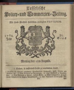 31. Stueck, Montag den 2ten Augusti 1762
