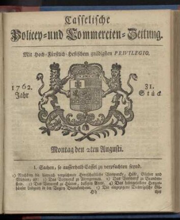 31. Stueck, Montag den 2ten Augusti 1762