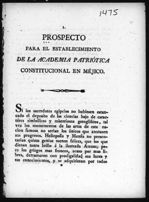 Prospecto para el establecimiento de la Academia Patriótica Constitucional en Méjico