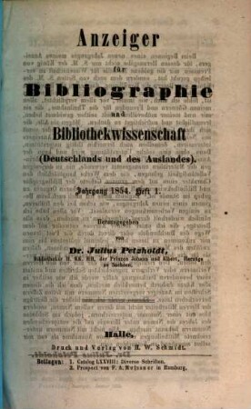 Anzeiger für Bibliographie und Bibliothekwissenschaft. 1854, 1854 (1855)