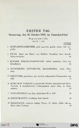 Erster Tag: Donnerstag, den 26. Oktober 1933, im Franz-Josef-Saal, Beginn um 3 Uhr (Nr. 1-350)