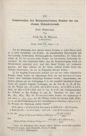 XV. Construction der Burmester´schen Punkte für ein ebenes Gelenkviereck.