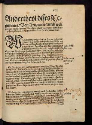Andertheyl dises Regiments/ Von Artzneien/ durch weliche man sich mit Gottes Almechtigen hülff vor solicher überscharpffen/ giftigen und geschwinden kranckheit behütten mag.