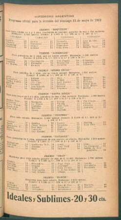 Hipódromo Argentino - Programa oficial para la reunión del domingo 12 de mayo de 1912