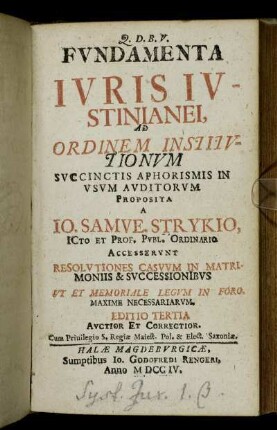 Fvndamenta Ivris Ivstinianei, Ad Ordinem Institvtionvm Svccinctis Aphorismis In VsVm Avditorum Proposita