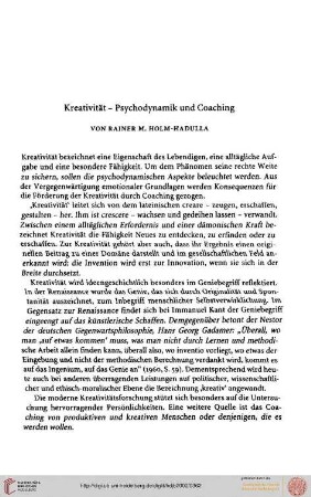 Rainer M. Holm-Hadulla: Kreativität - Psychodynamik und Coaching