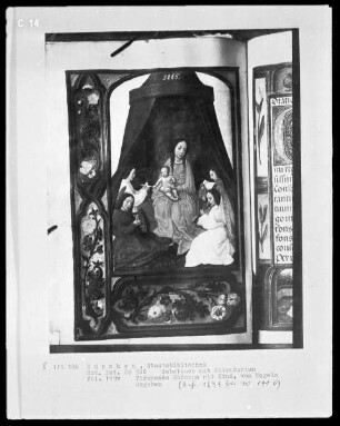 Gebetbuch mit Kalendarium — Thronende Madonna mit Kind, von Engeln umgeben, Folio 159verso