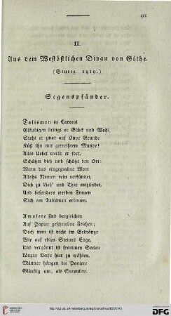 II: Aus dem Westöstlichen Divan von Göthe