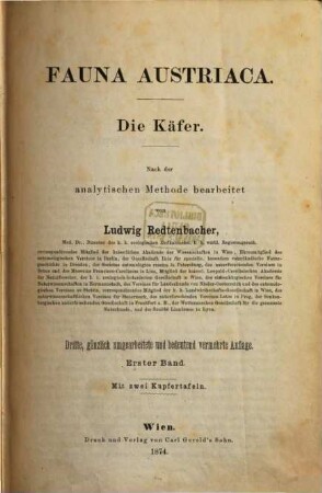 Fauna Austriaca, 1. Die Käfer : nach der analytischen Methode bearbeitet