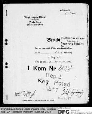 Bericht über die unvermutete Prüfung der Kreiskommunalkasse Prenzlau vom Okt. 1939