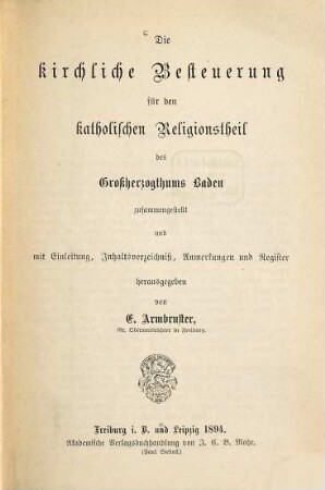 Die kirchliche Besteuerung für den katholischen Religionstheil des Großherzogthums Baden