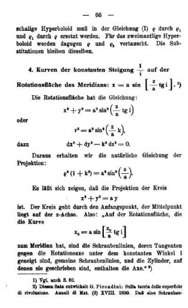 4. Kurven der konstanten Steigung 1/i auf der Rotationsfläche des Meridians: x = a sin ...........