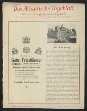 Das Atlantische Tageblatt 7. Jahrgang - Presented gratis by the Hamburg-Amerika Linie - News received daily by wireless telegraphy