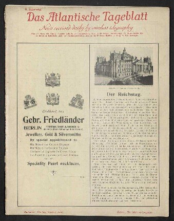 Das Atlantische Tageblatt 7. Jahrgang - Presented gratis by the Hamburg-Amerika Linie - News received daily by wireless telegraphy