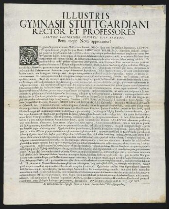 Illustris Gymnasii Stuttgardiani Rector Et Professores...