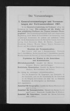 I. Generalversammlungen und Versammlungen der Vertrauensmänner 1907.