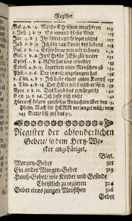Register der absonderlichen Gebete/ so dem Hertz Wecker angehänget.