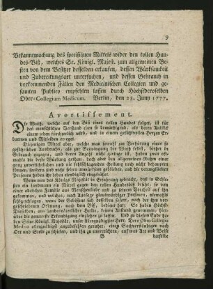 Bekanntmachung des specifiquen Mittels wider den tollen Hundes-Biß ...
