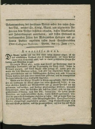 Bekanntmachung des specifiquen Mittels wider den tollen Hundes-Biß ...