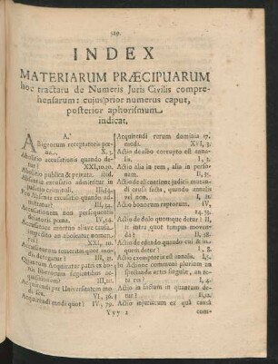 Index Materiarum Praecipuarum hoc tractatu de Numeris Iuris Civilis comprehensarum: ...