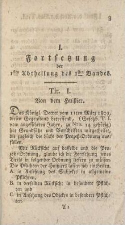 I. Fortsetzung der Isten Abtheilung des Isten Bandes