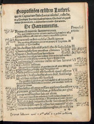 Propositiones ex libro Lutheri, qui de Captivitate Babylonica inscribitur ...