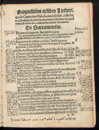 Propositiones ex libro Lutheri, qui de Captivitate Babylonica inscribitur ...