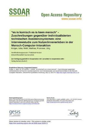 "es is komisch es is keen mensch" - Zuschreibungen gegenüber individualisierten technischen Assistenzsystemen: eine Interviewstudie zum Nutzer/innenerleben in der Mensch-Computer-Interaktion
