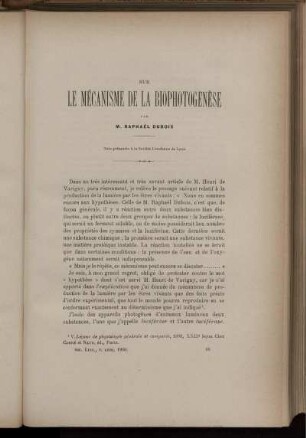 Sur Le Mécanisme De La Biophotogenèse