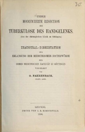 Ueber modificierte Resection [Resektion] bei Tuberkulose des Handgelenks