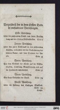 Verzeichniß der in dem Ersten Bande enthaltenen Vorlesungen