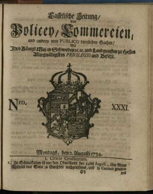 Nro. XXXI, Montags, den 2. Augusti 1734