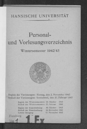 WS 1942/43: Personal- und Vorlesungsverzeichnis // Hamburgische Universität
