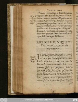 Article Cinquieme. Des livres Canoniques & Apocryphes.