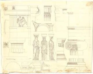 Röhrer, Karl; Dekor- und Ornamententwürfe - Kapitelle, Säulenfigur, Relief, Fries, Säulenbasis (Ansichten; Details)
