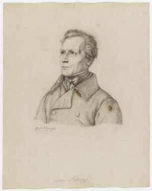 Bildnis Julius Schnorr von Carolsfeld : Halbprofilporträt Julius Schnorr von Carolsfeld. Bleistiftzeichnung; 21,9 x 17,5 cm (Blattgröße) München [vermutlich], 1830 [ca.]. Dresden: SLUB Mscr.Dresd.n,Inv.3,I,Blatt 17 (in Mappe 1, Tafel 1)