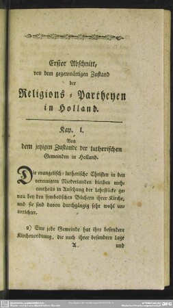 Erster Abschnitt, von dem gegenwärtigen Zustand der Religions-Partheyen in Holland