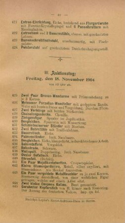 III. Auktionstag: Freitag, den 18. November 1904, von 10 Uhr ab