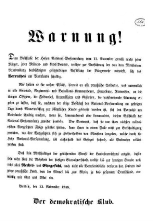 Warnung! Dem Beschlusse der Hohen National=Versammlung vom 11. November [...]