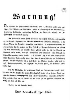 Warnung! Dem Beschlusse der Hohen National=Versammlung vom 11. November [...]