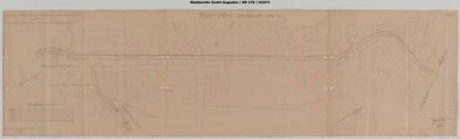 Gleisanschluss Geldmacher: Lageplan, Blatt 1. Bleistifteinzeichnung eines Steinbruch-Anschlusses. Mit Anschlussgleis Brennerei ("Sprit-Fabrik").
