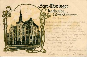 Postkartenalbum. "Zum Moninger Karlsruhe - J. Schuh, Restaurateur". Gasthaus Zum Moninger