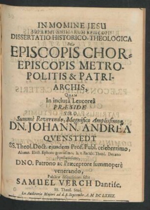 Dissertatio Historico-Theologica De Episcopis Chorepiscopis Metropolitis & Patriarchis
