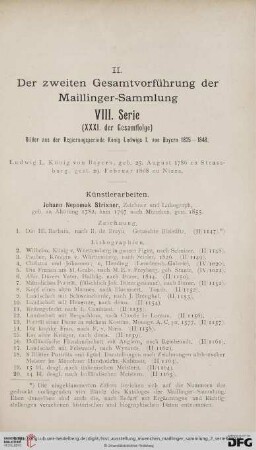 II. Der zweiten Gesamtvorführung der Maillinger-Sammlung VIII. Serie (XXXI. der Gesamtfolge)