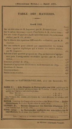 Table des matières. Avril 1880.
