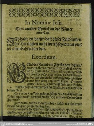 Leichenpredigt : [Christliche Leich-Predigt].Text. Exordium. Explicatio