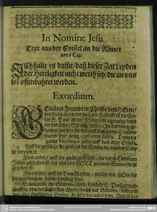 Leichenpredigt : [Christliche Leich-Predigt].Text. Exordium. Explicatio